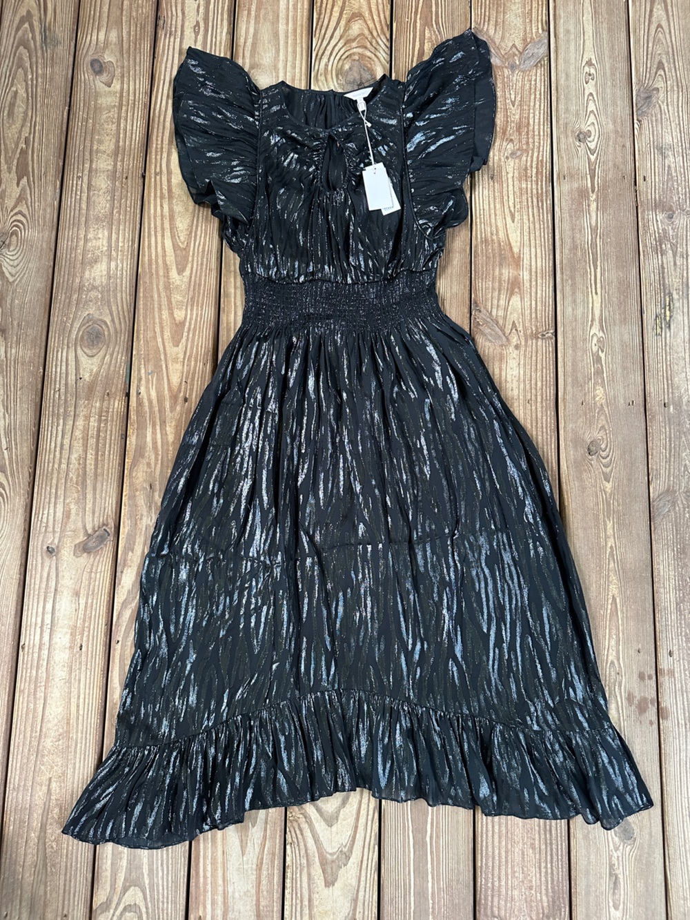 NWT Rebecca Taylor Short Sleeve Safari Dress Metallic Silk Black Size 8 - Picture 2 of 14